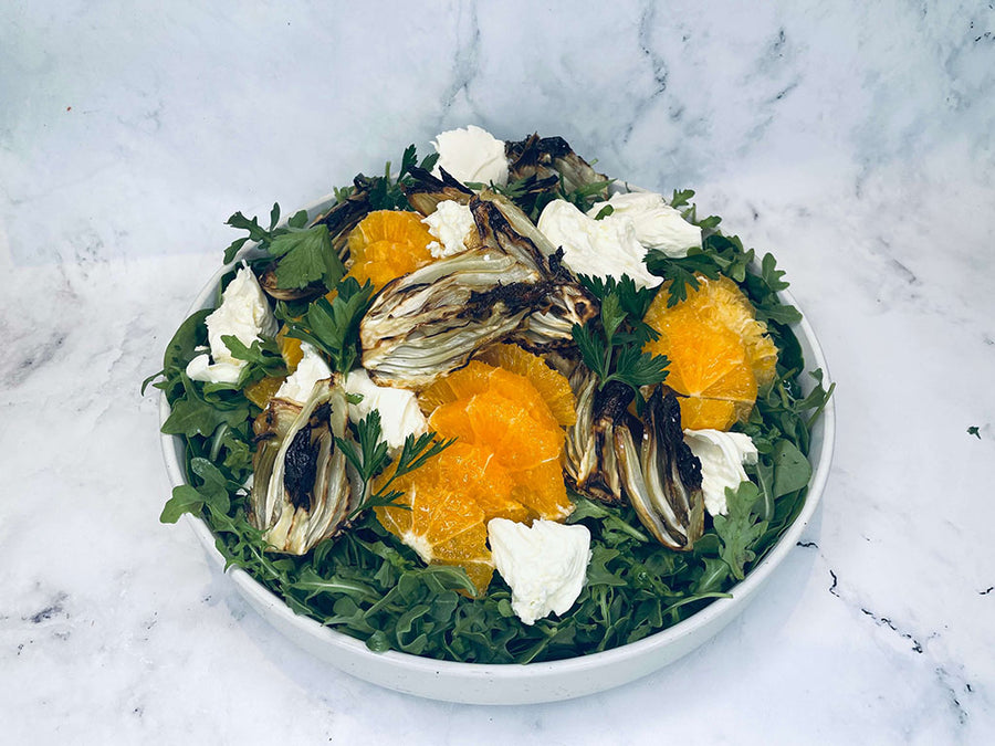 Toasted fennel, clementine, winter leaves and buffalo mozzarella salad