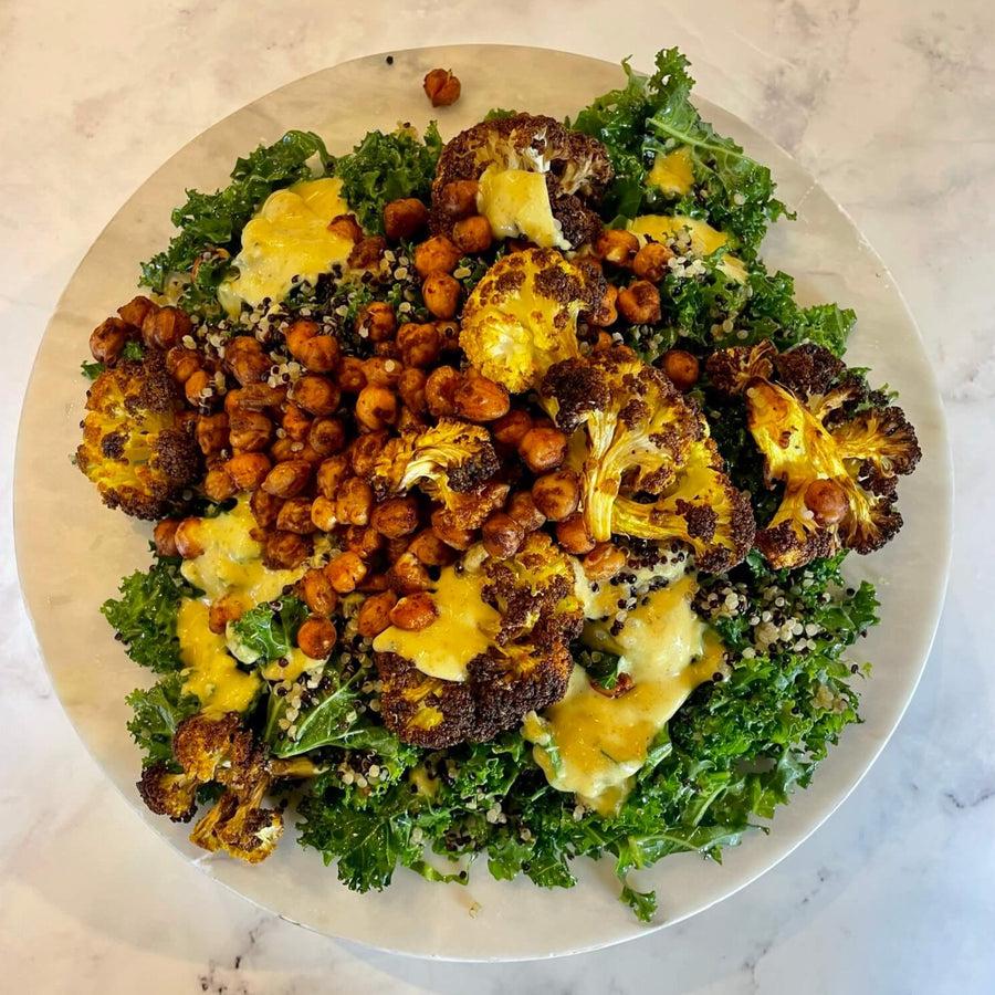 Quinoa, mixed herbs, kale, chickpeas, brussel sprouts and pecan salad.